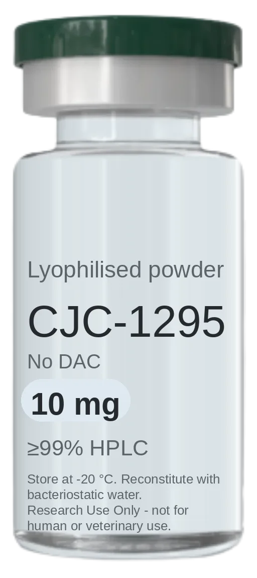 CJC-1295 (sin DAC) 10 mg vial — lyophilised research peptide, ≥99% HPLC, labelled for research use only