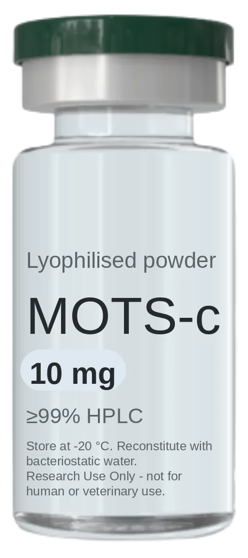 MOTS-c 10 mg vial — lyophilised research peptide, ≥99% HPLC, labelled for research use only