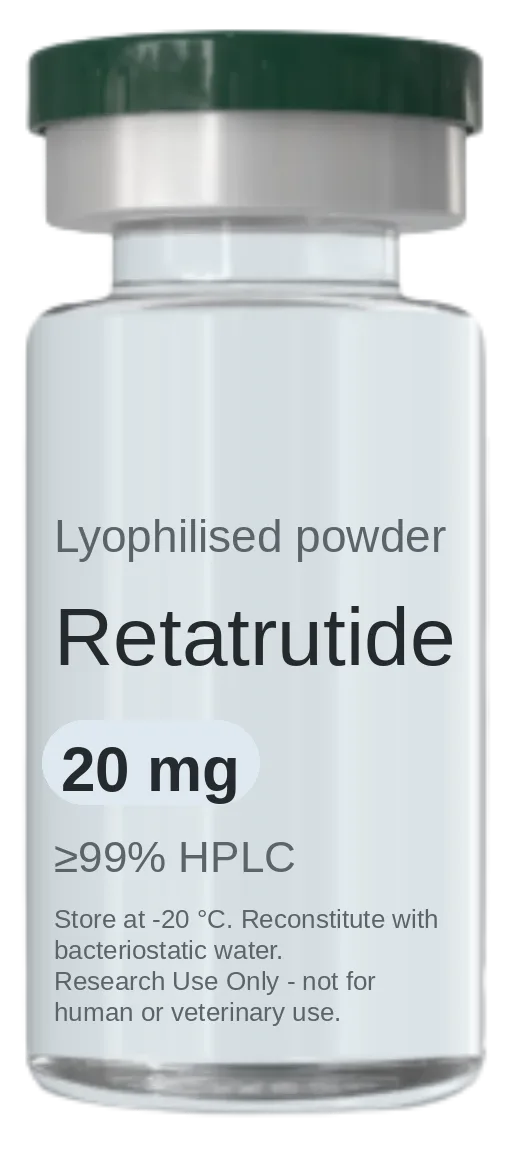 Retatrutide 20 mg vial — lyophilised research peptide, ≥99% HPLC, labelled for research use only