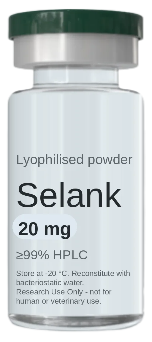 Selank 20 mg vial — lyophilised research peptide, ≥99% HPLC, labelled for research use only