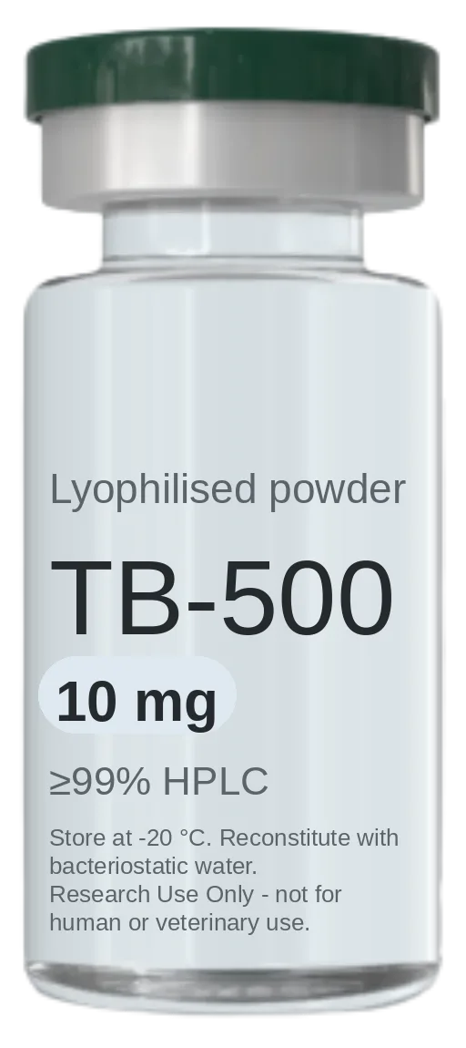 TB-500 (Thymosin Beta-4 fragment) 10 mg vial — lyophilised research peptide, ≥99% HPLC, labelled for research use only