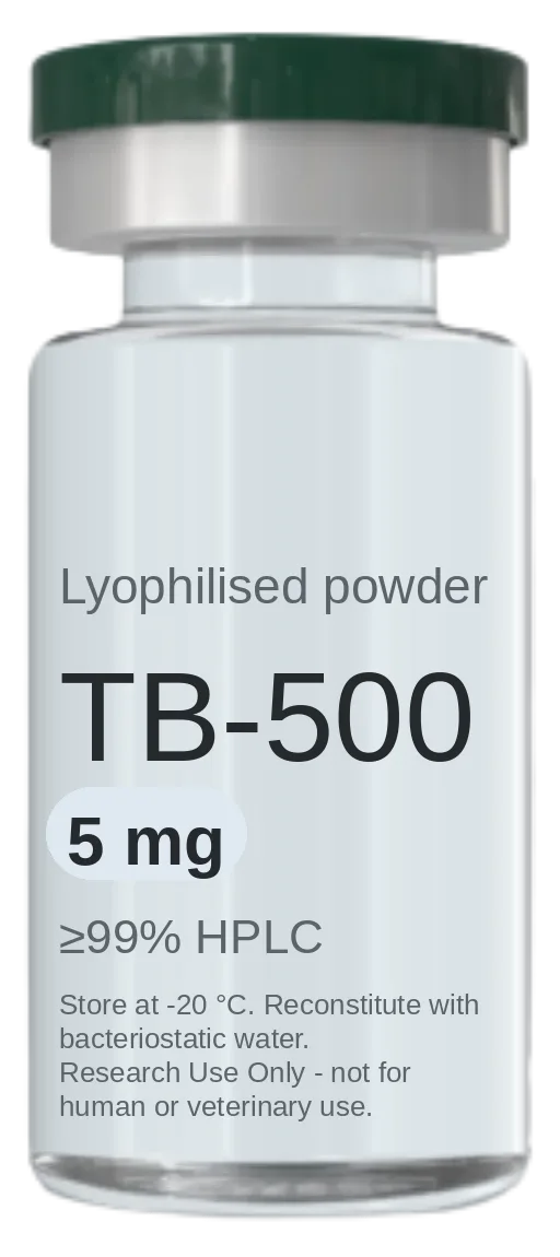 TB-500 (Thymosin Beta-4 fragment) 5 mg vial — lyophilised research peptide, ≥99% HPLC, labelled for research use only