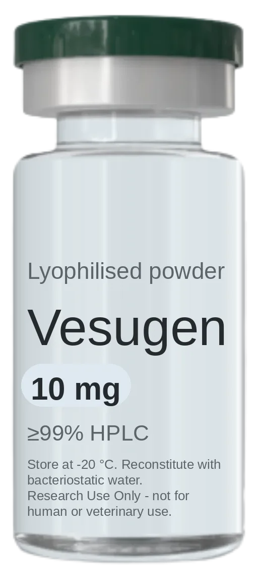Vesugen 10 mg vial — lyophilised research peptide, ≥99% HPLC, labelled for research use only