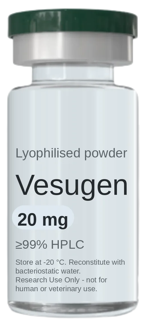 Vesugen 20 mg vial — lyophilised research peptide, ≥99% HPLC, labelled for research use only